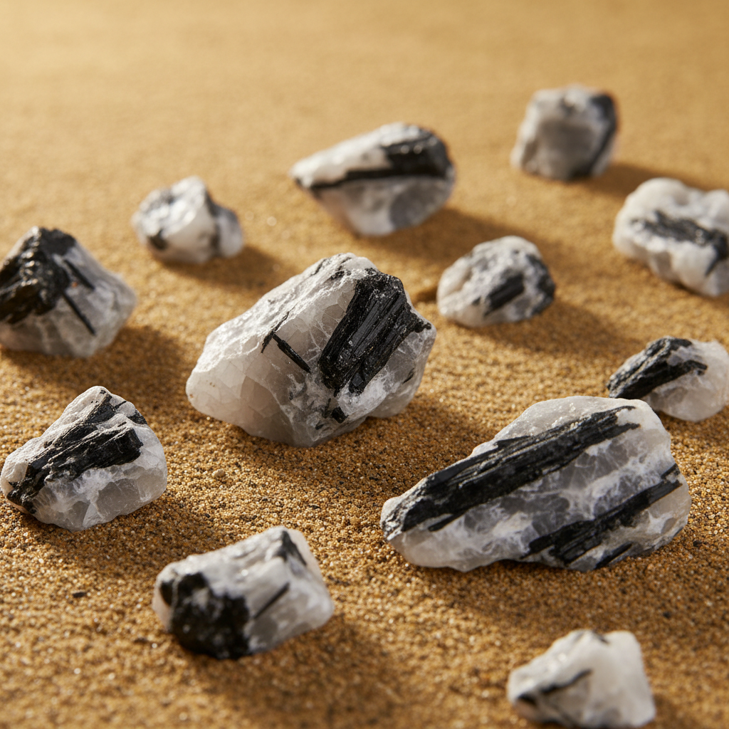 Raw black tourmaline in quartz crystals of various sizes, naturally sourced
