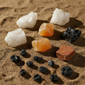 Naturally sourced mixed rock assortment featuring white quartz, orange calcite, raw black obsidian, and orange jasper