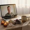 Serene virtual wellness grounding session with crystals and candlelight