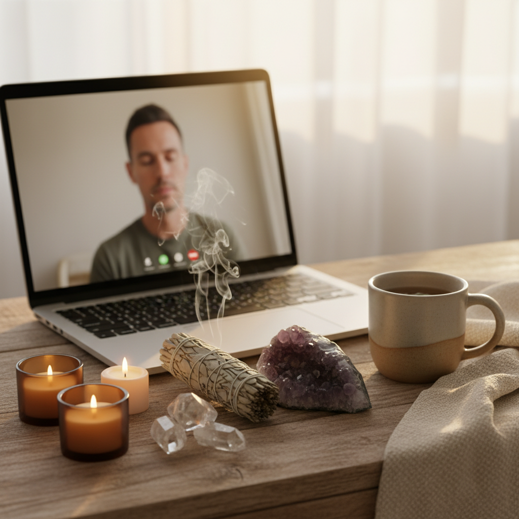 Serene virtual wellness grounding session with crystals and candlelight