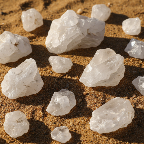 Raw natural quartz crystals of varying sizes, naturally sourced from the American Southwest